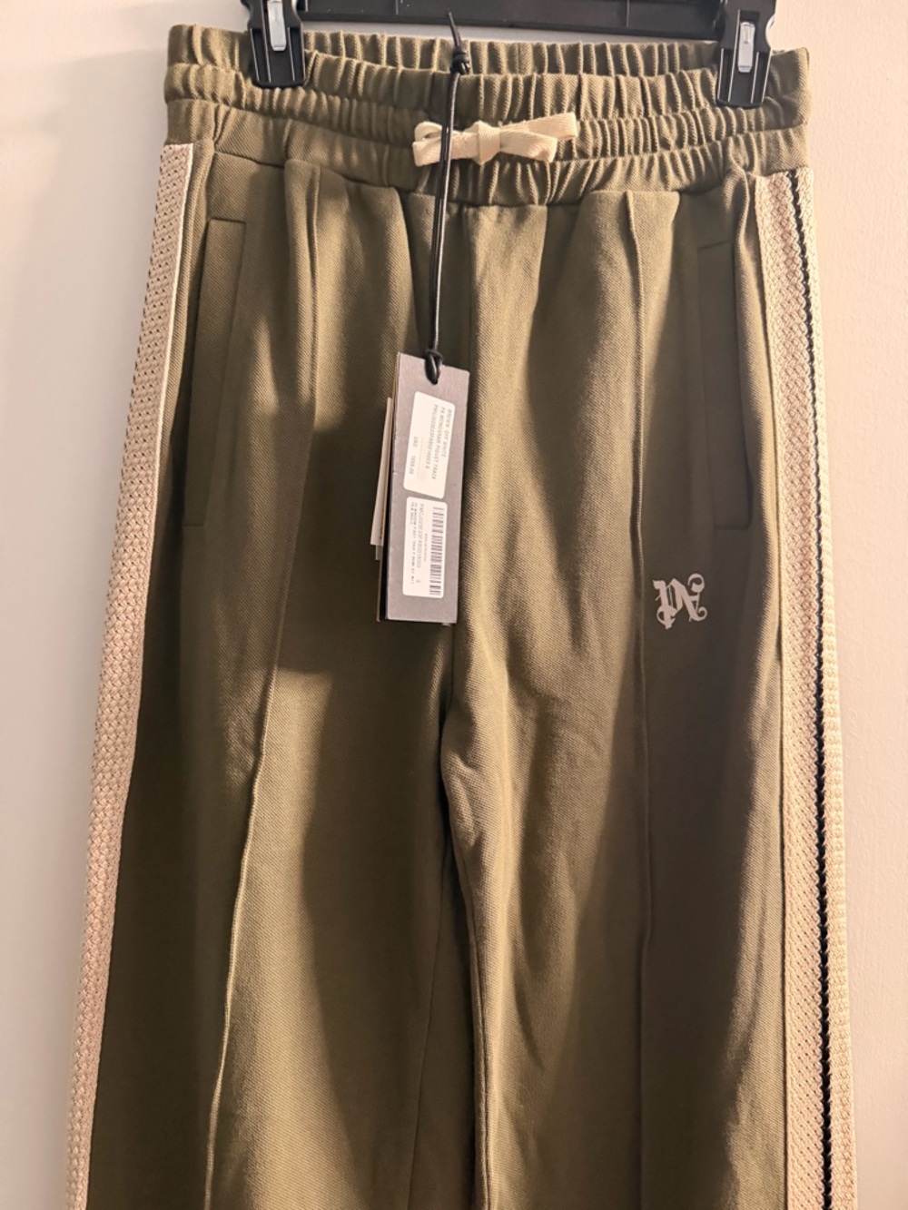 Palm Angels Olive Green Track Pants with Cream Side Stripes